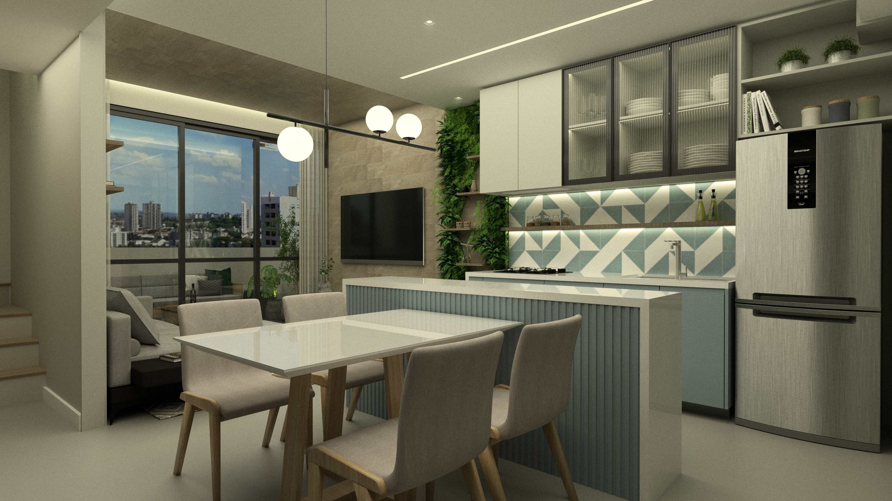 Cozinha gourmet com bancada branca e azulejos geométricos