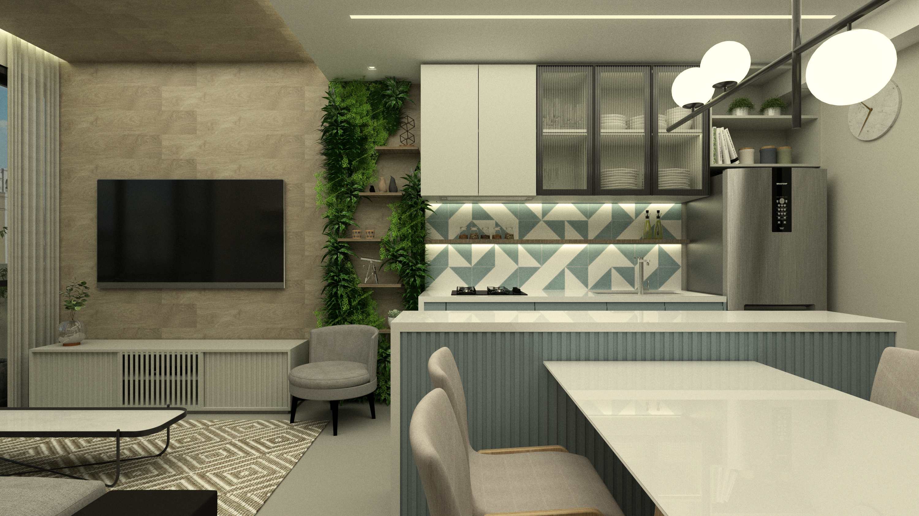 Sala de estar com jardim vertical e cozinha integrada