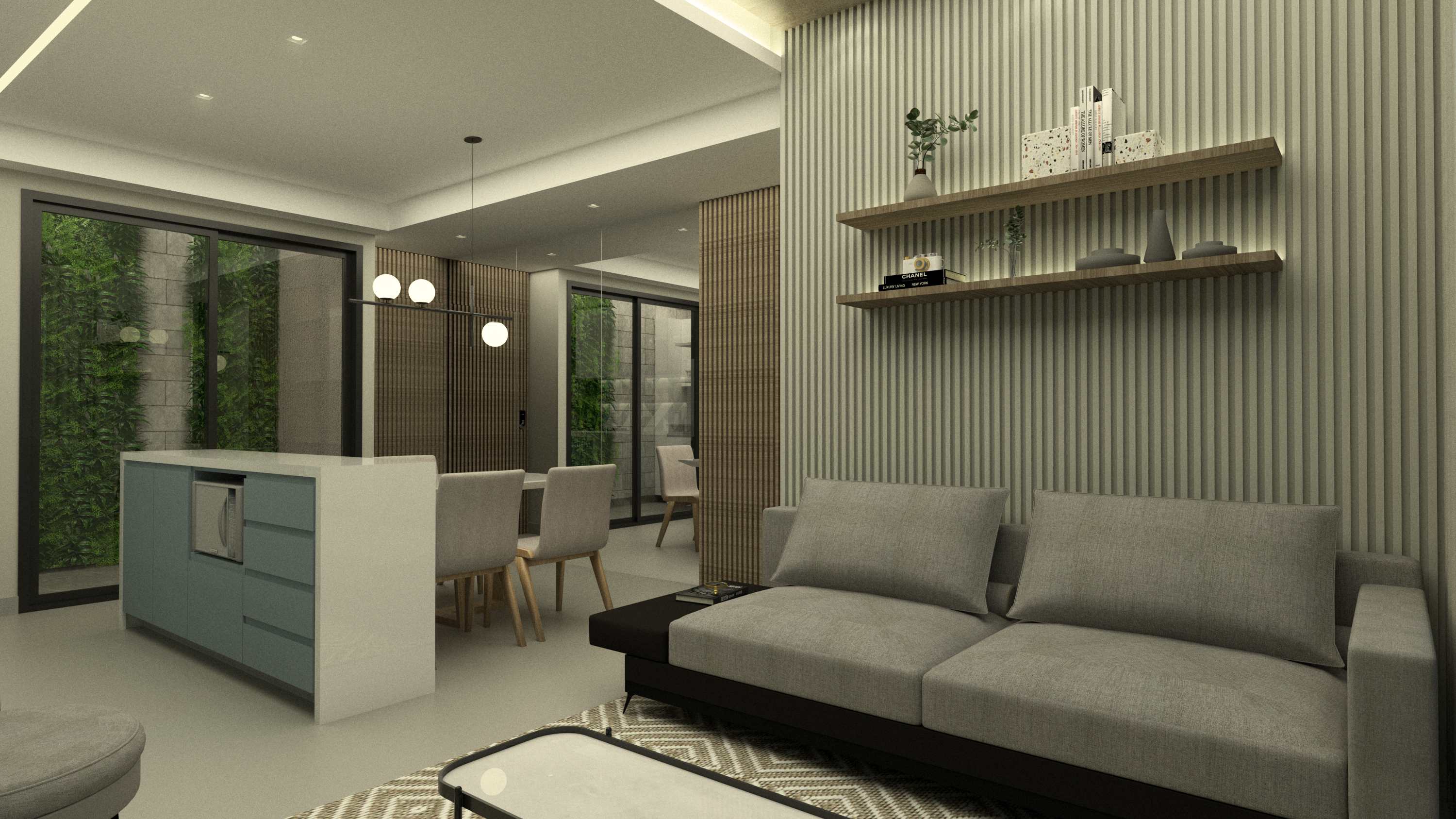 Living com sofá cinza e painel ripado decorativo