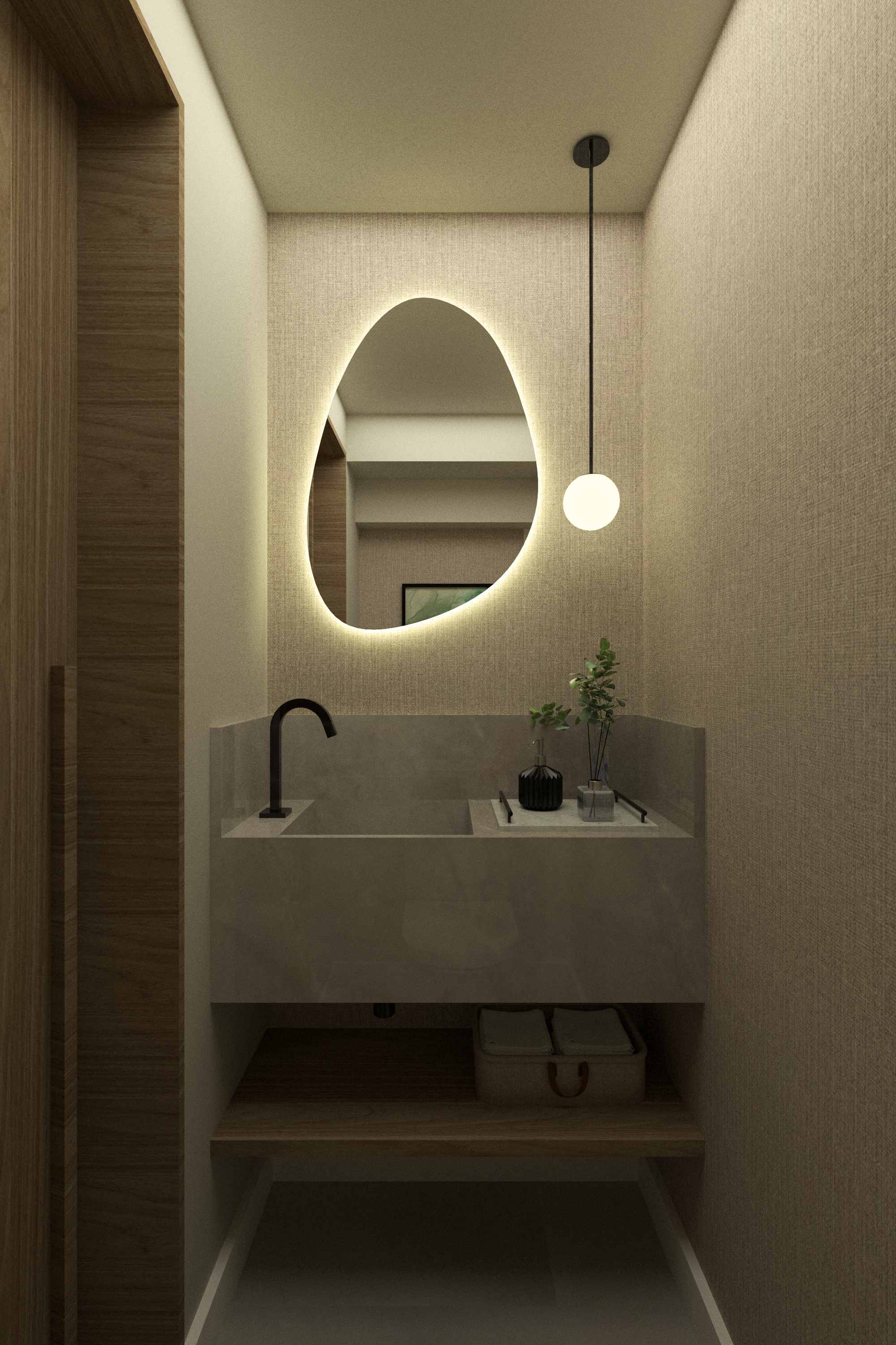 Lavabo elegante com espelho orgânico iluminado