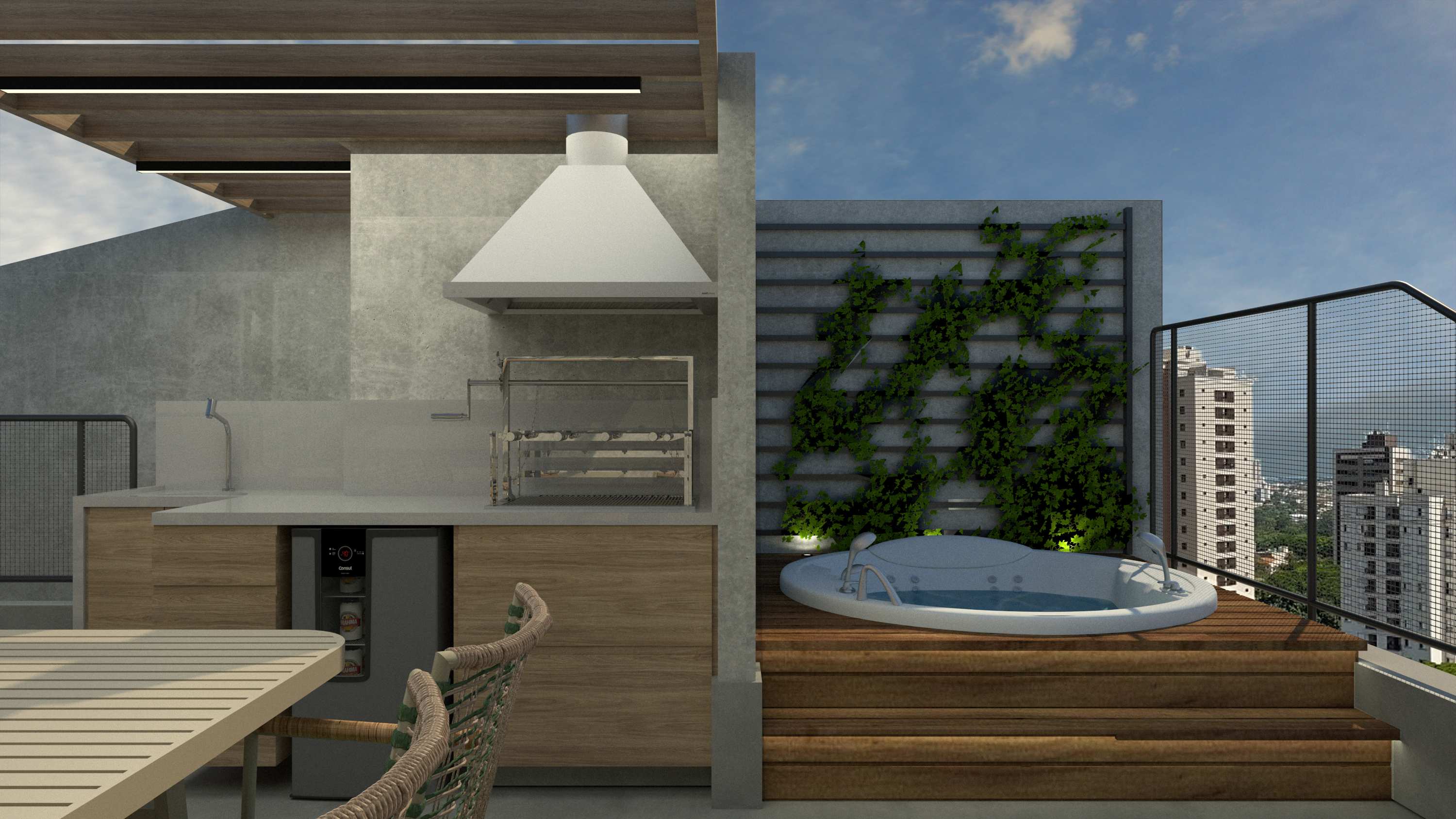 Rooftop com churrasqueira e painel verde